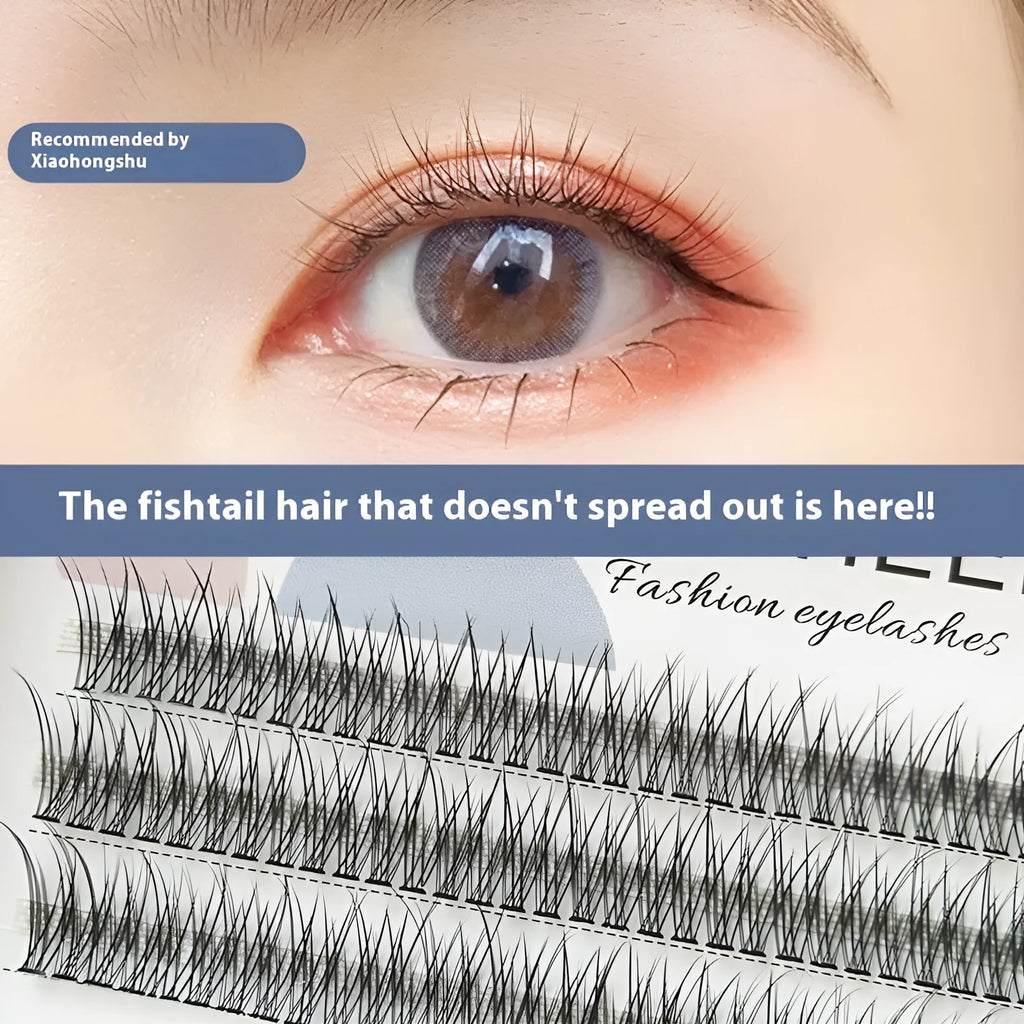 Black V-shaped fairy fishtail false eyelashes with thick segment design shown at 10mm length
