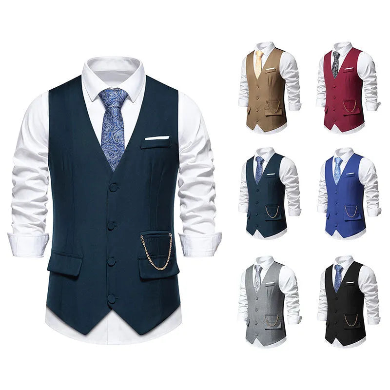 Men's solid colour V-neck single breasted chain vest in slim fit, shown in gray for spring light business wear