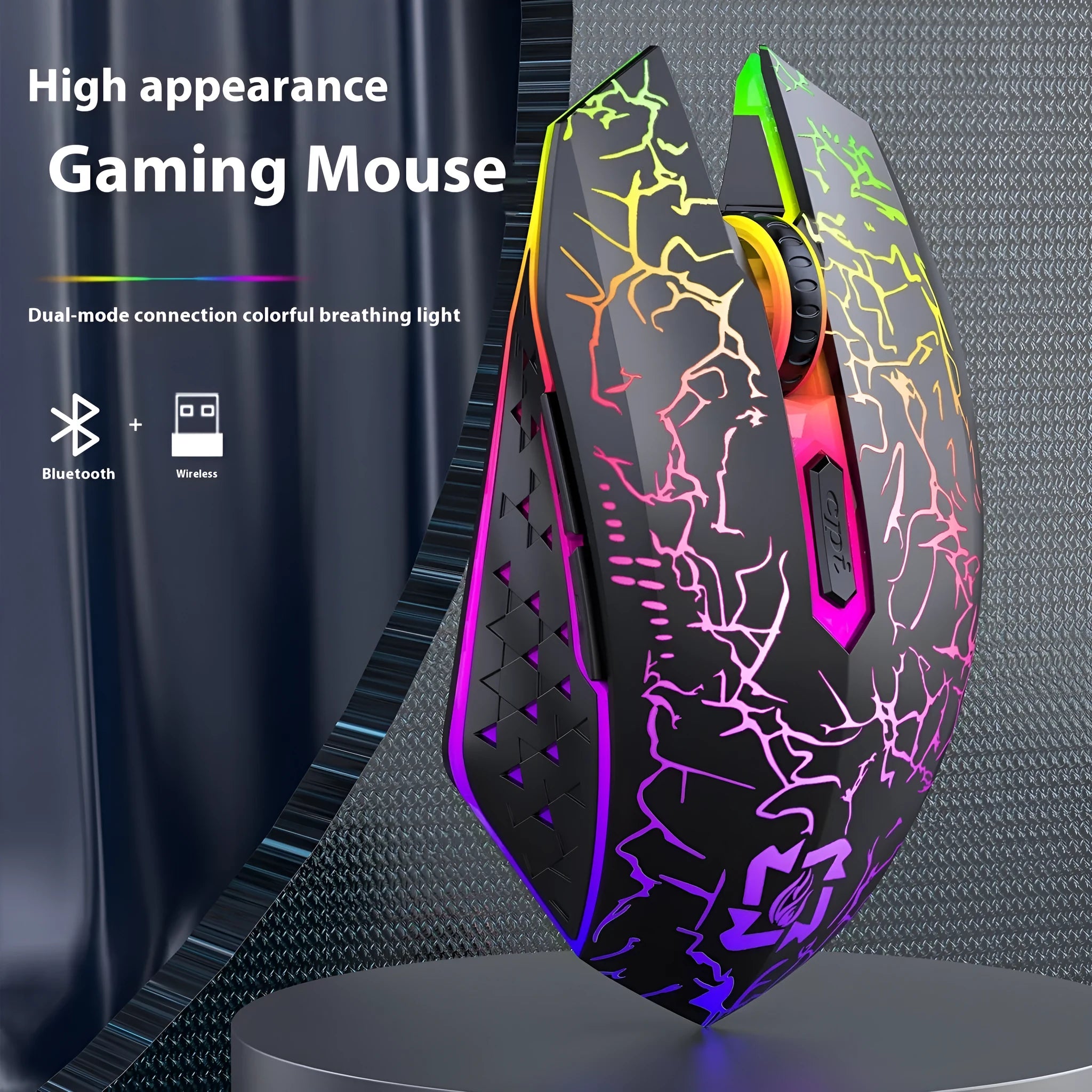 Black and white dual-mode wireless gaming mouse with luminous breathing light on desktop