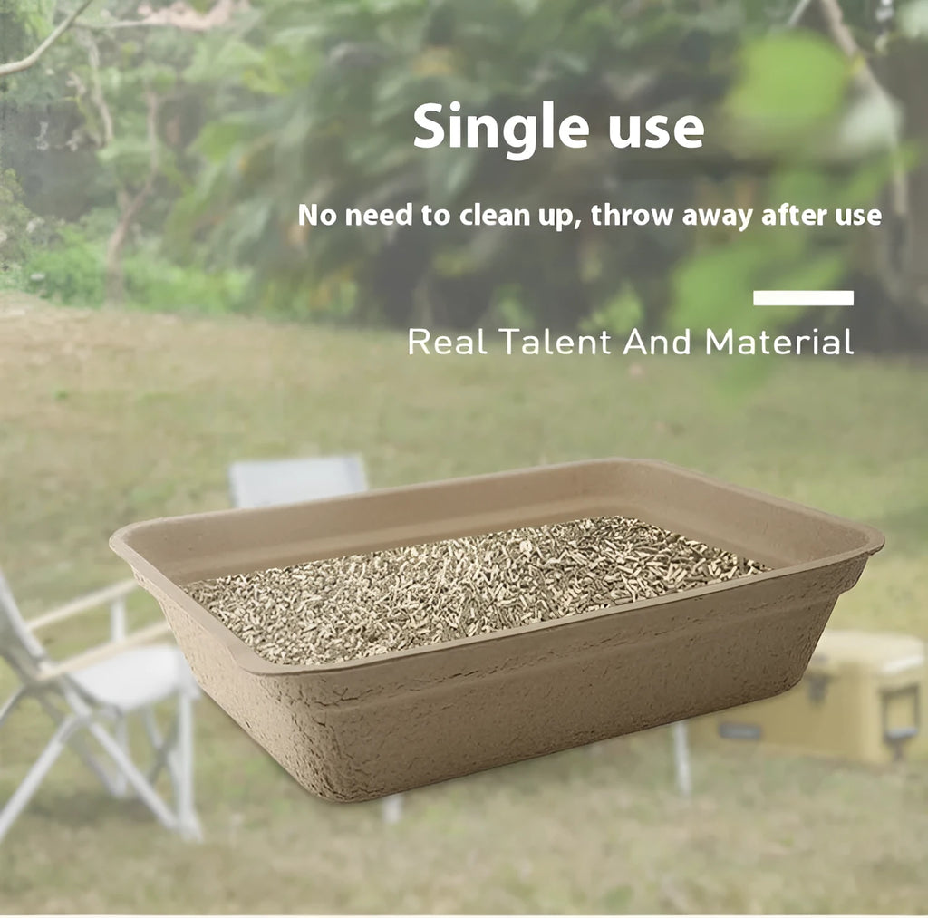 Brown disposable biodegradable cat litter box shown in three different size variants.