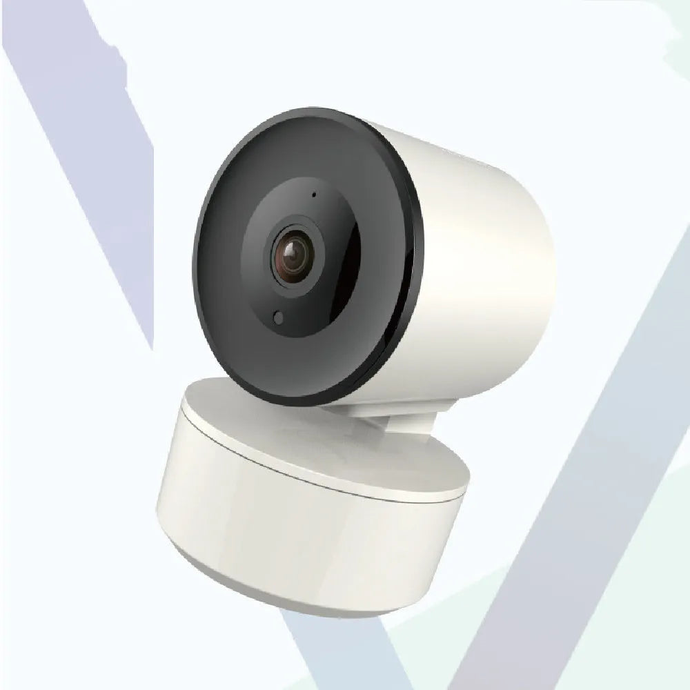 Indoor WiFi security camera with pan-tilt function showing 1080p HD and motion tracking features