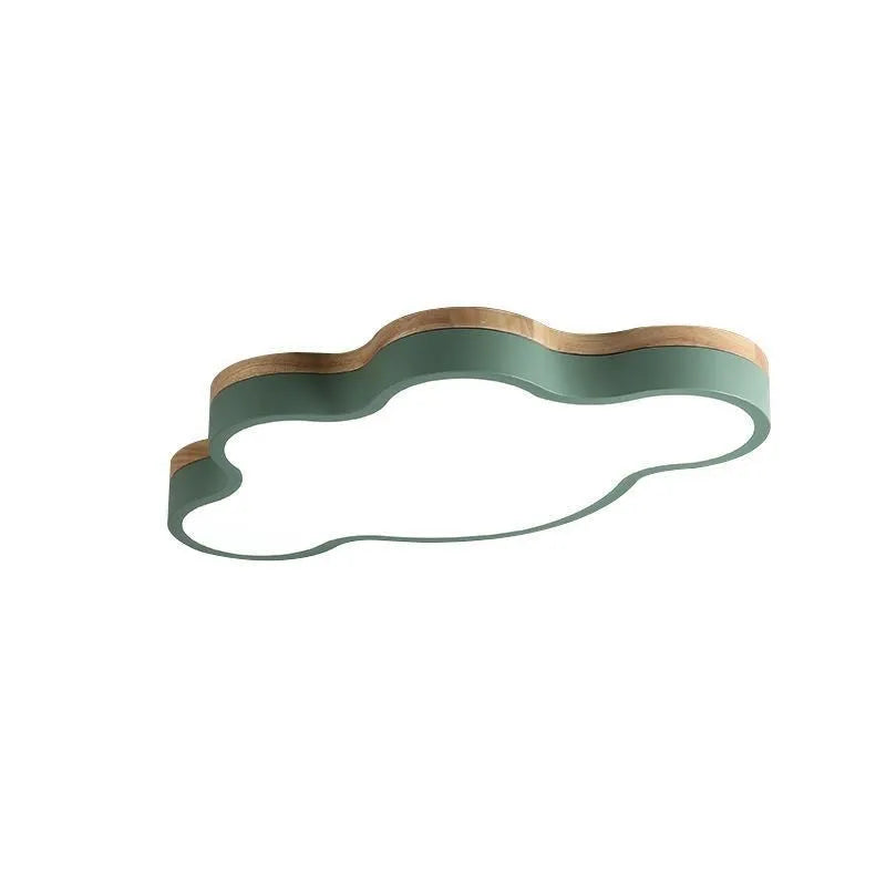 Cloud shaped wooden frame LED ceiling lamp showing four colour options and two size configurations