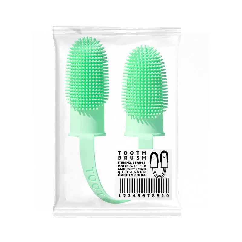 TPR finger cover for pet tooth cleaning in pink, blue green, and yellow.