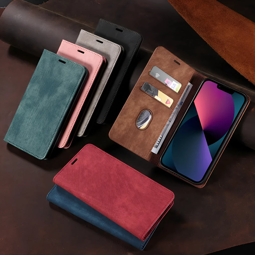 Magnetic flip phone case for iPhone in multiple colours showing leather and TPU construction