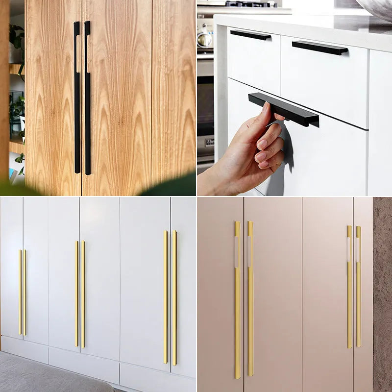 Gold aluminium T-shaped cabinet handle showing three hole distance options: 96mm, 128mm and 192mm
