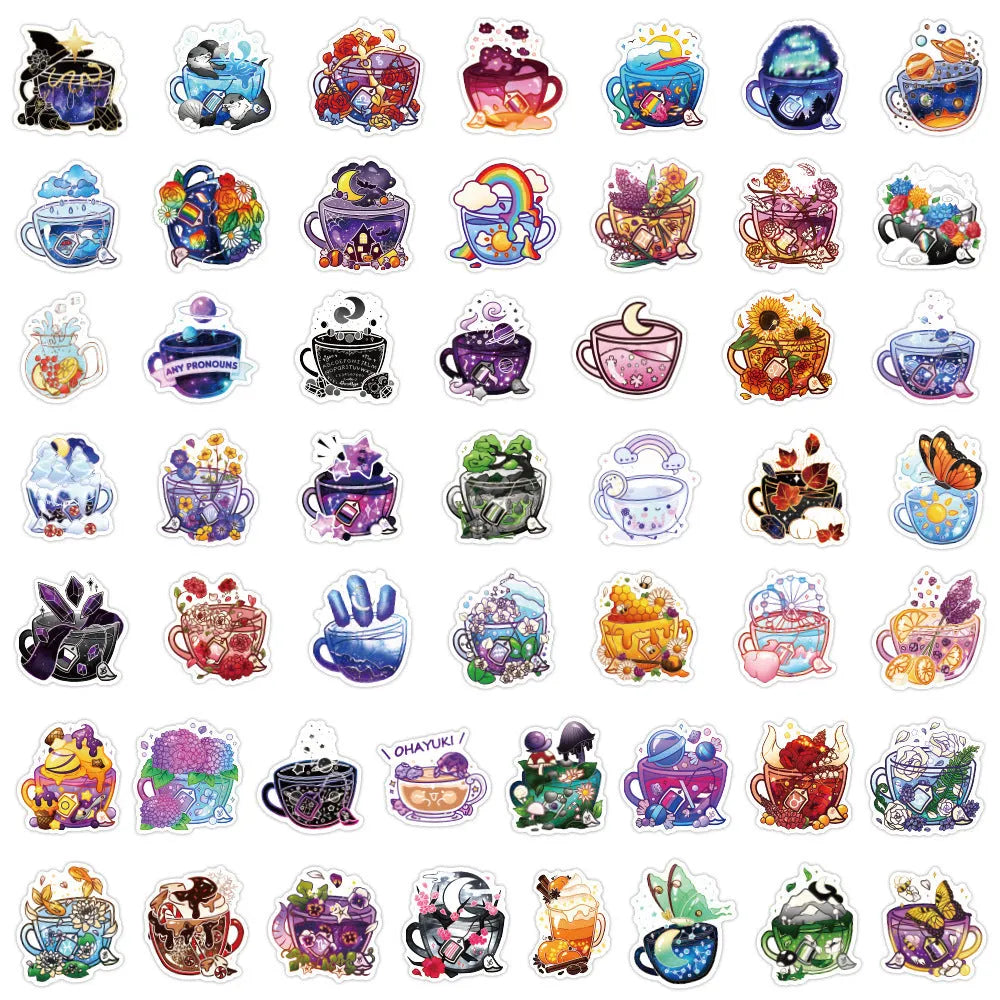 Pack of colourful tea cup graffiti design waterproof stickers for DIY scooter and luggage personalisation.