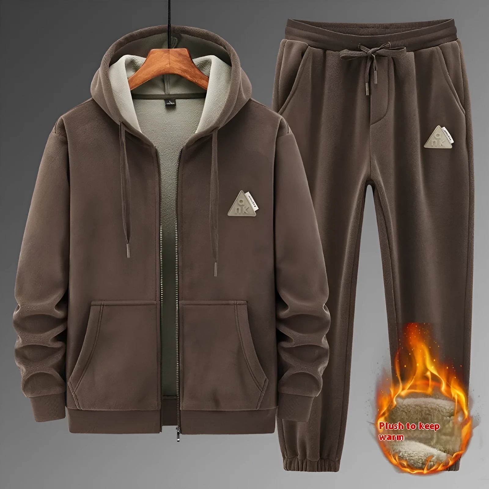 Men's grey polyester sports suit with hooded sweater and matching trousers