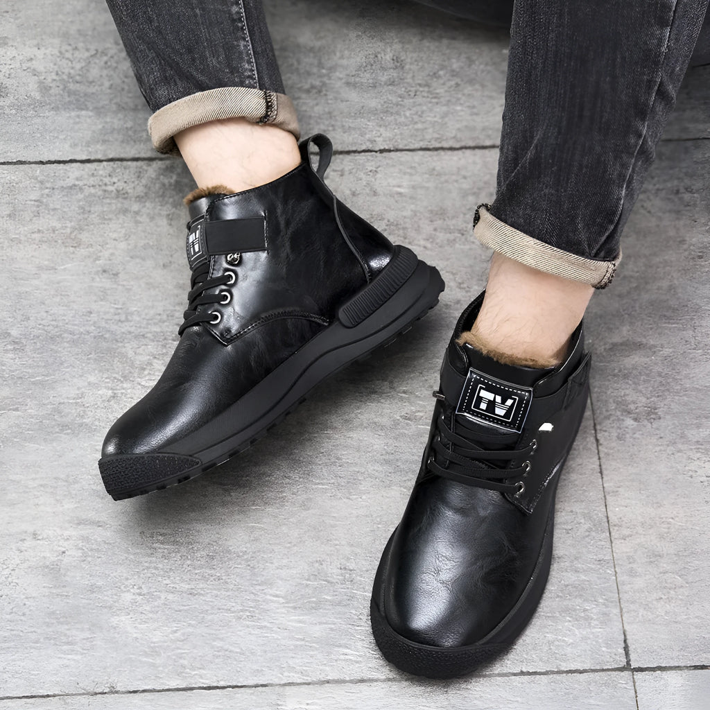 Men's high-top Martin boots in black with warm velvet lining, rubber sole, and visible sewing thread details.