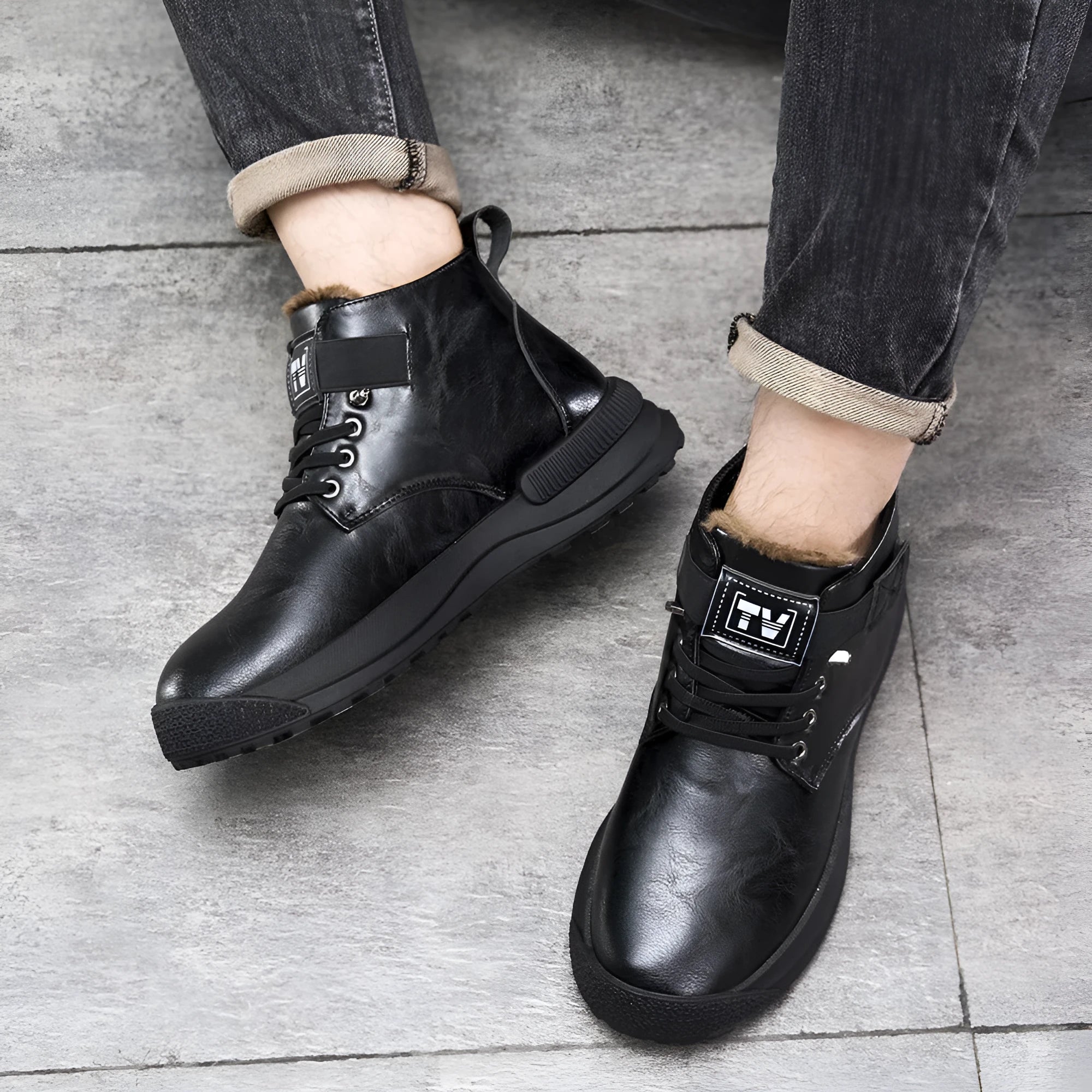 Men's high-top Martin boots in black with warm velvet lining, rubber sole, and visible sewing thread details.