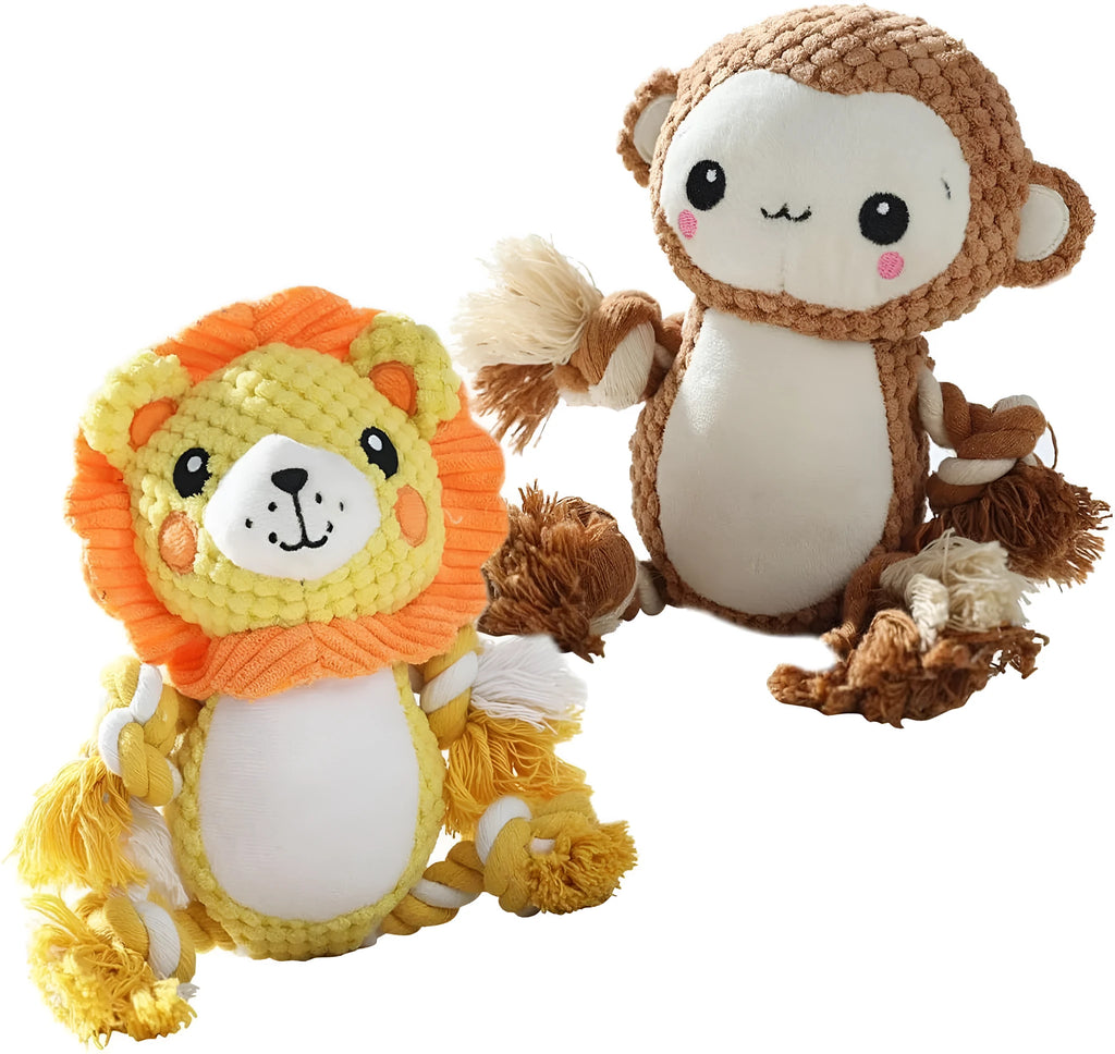 Plush squeaky dog toys showing lion and monkey designs for medium to large dogs