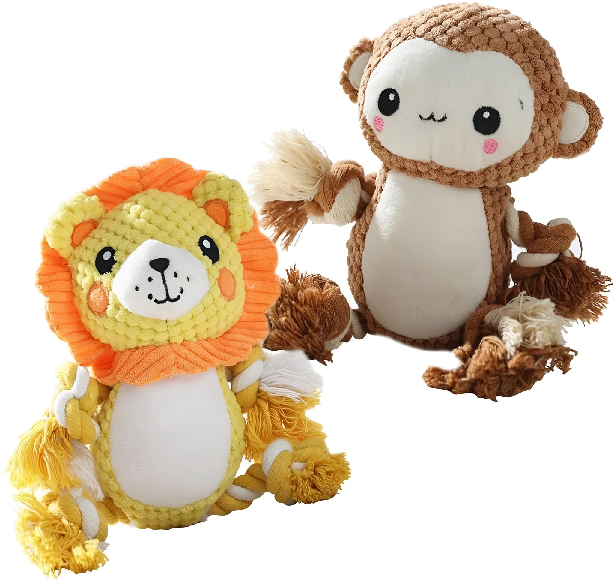Plush squeaky dog toys showing lion and monkey designs for medium to large dogs