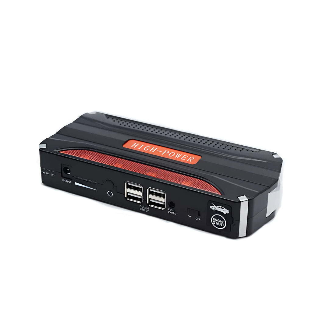 Black and red vehicle emergency starting power supply unit measuring 178x80x30mm with 7800mAh capacity