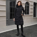 Black slim fit hooded men's winter jacket with long sleeves and polyester construction