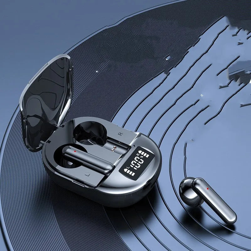 Black and white wireless Bluetooth in-ear headset with digital display and compact charging case