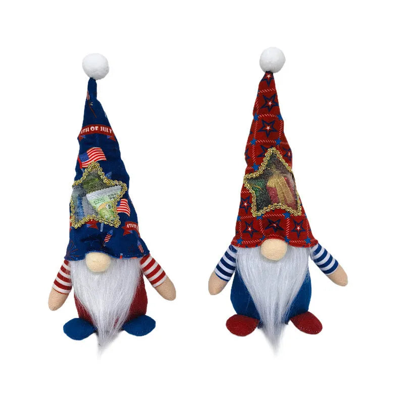 Two faceless baby doll Christmas ornaments dressed in red reindeer suits with white trim, made from cloth.