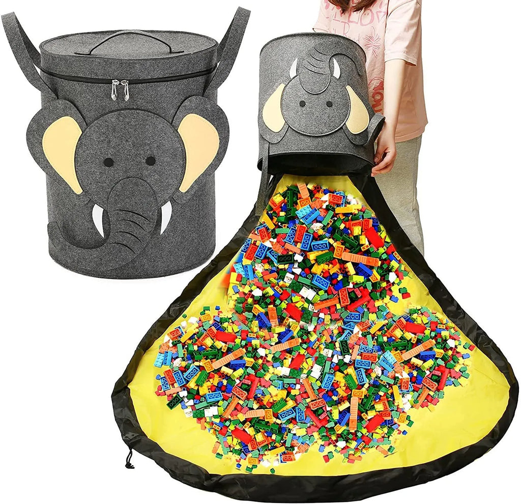 Green felt cube storage bag with pull rope, shown both as a closed bag and flattened as a play mat.