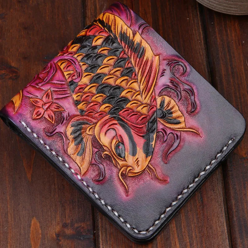 Men's carved cow leather short wallet in red, showing open closure and dimensions.