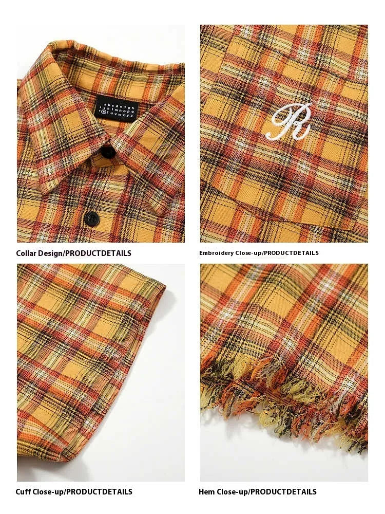 Yellow grid plaid short sleeve shirt with embroidered chest pocket, loose fit casual button-up style