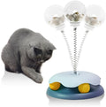 Blue cat treat dispenser toy with track ball design for interactive feeding and play