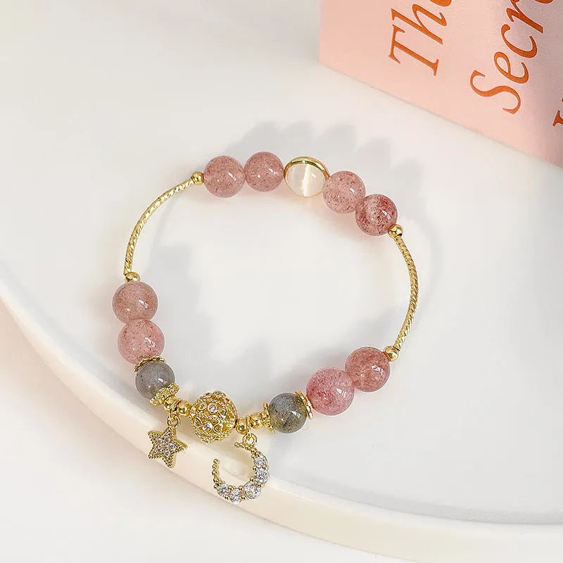 Natural stone bracelet with crystal beads and star moon alloy charms for women, retro pastoral style