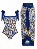 Women's printed floral two-piece swimsuit with chiffon hip skirt on hanger