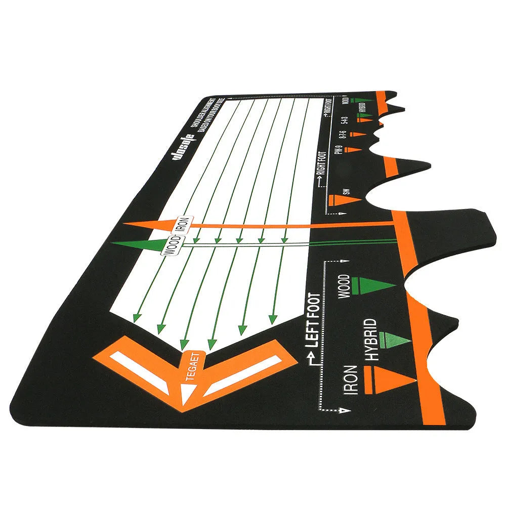 Black neoprene golf swing posture training pad on a practice mat.