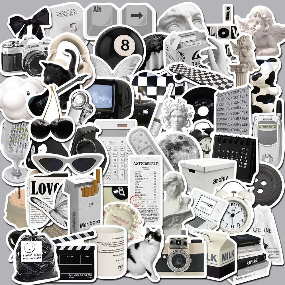 Black and white PVC waterproof sticker set with 61 pieces for laptop phone luggage customisation