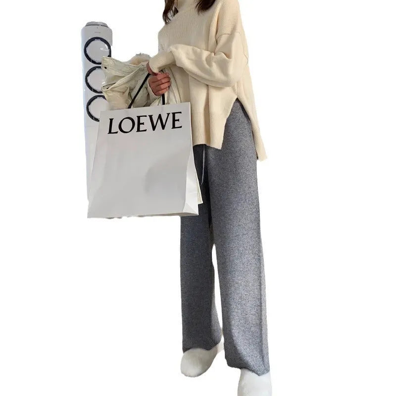 Women's super thick knitted wide-leg trousers in high-waist dropping design available in four colours