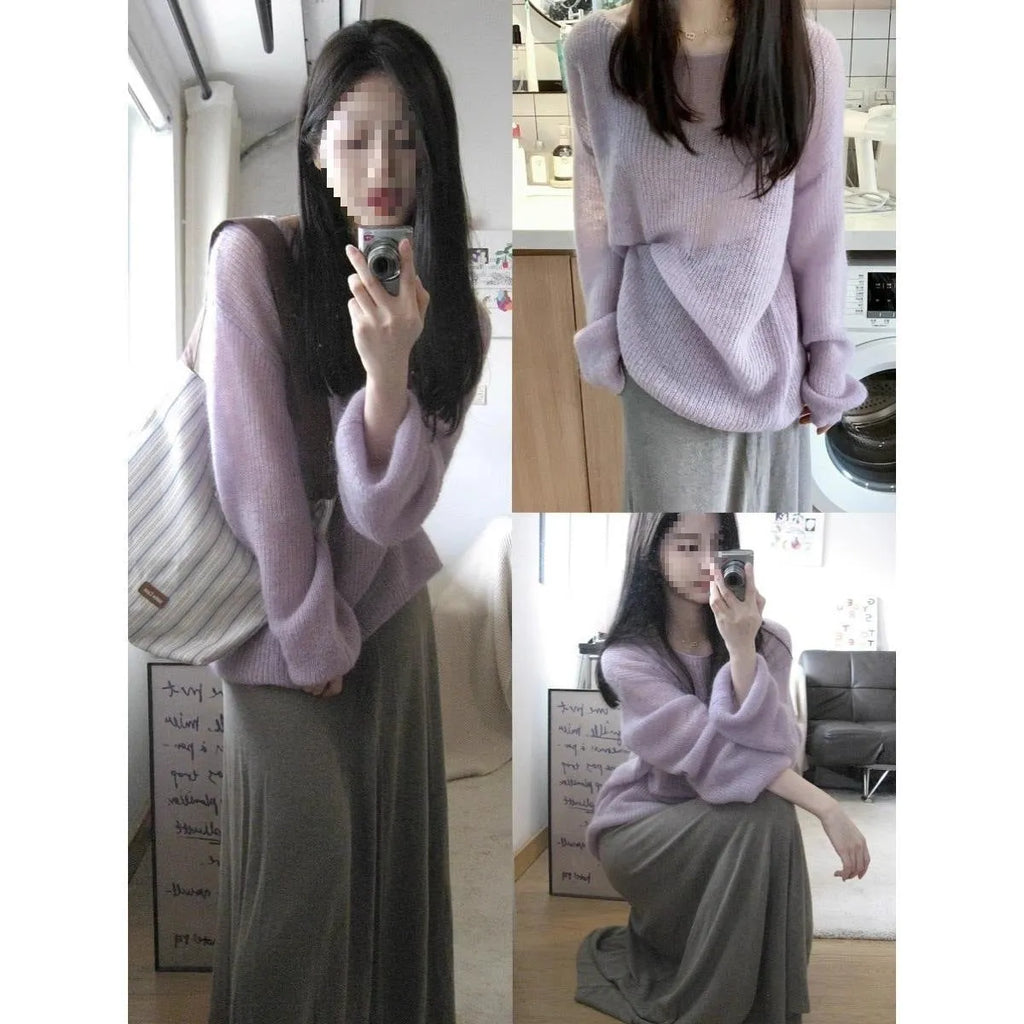 Women's purple round neck blouse with hollow out design and princess sleeves in ice silk fabric