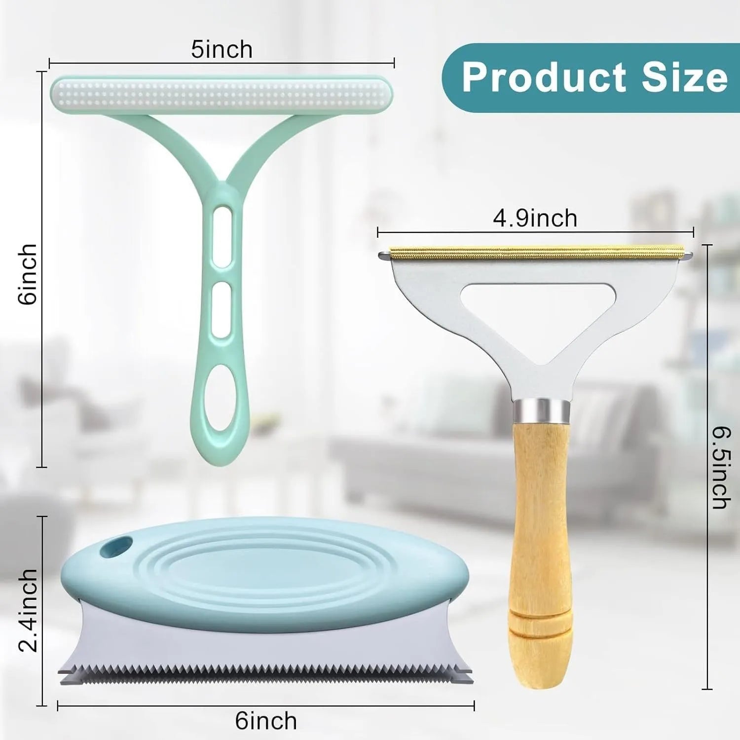 Green 3-piece pet hair remover set with metal lint shaver, silicone brush, and round carpet scraper.