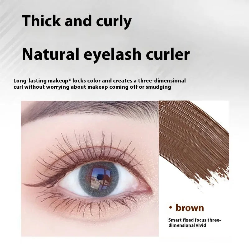 Waterproof black and brown steel tube mascara with optional eyelash curler accessory.
