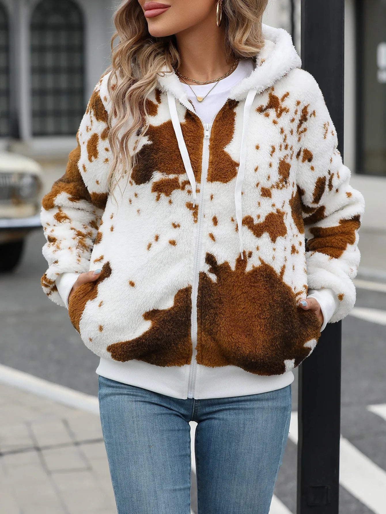 Yellow brown cow animal pattern printed cardigan jacket with hood and zip closure