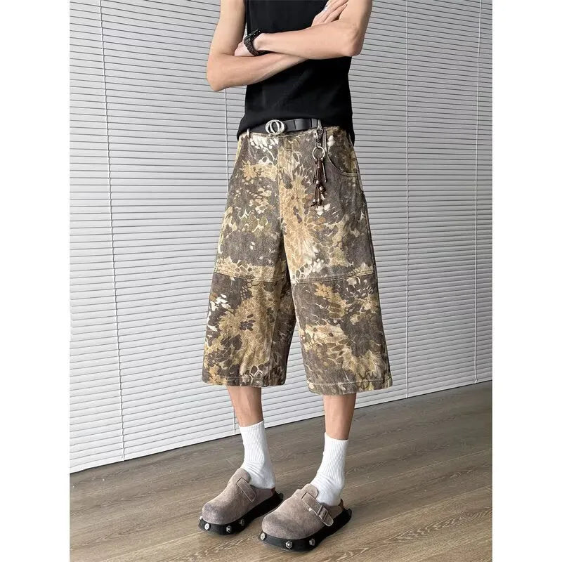Women's yellow camouflage jeans with snake pattern tooling and cropped leg design