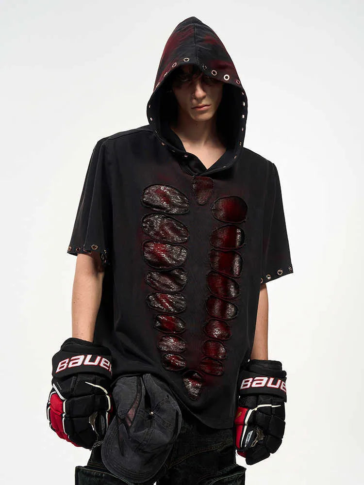Black men's hooded T-shirt with sequin detailing, loose fit, short sleeves