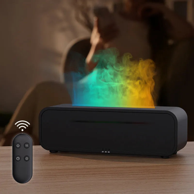 White aroma diffuser with colour-changing lights on a wooden table next to its remote control.