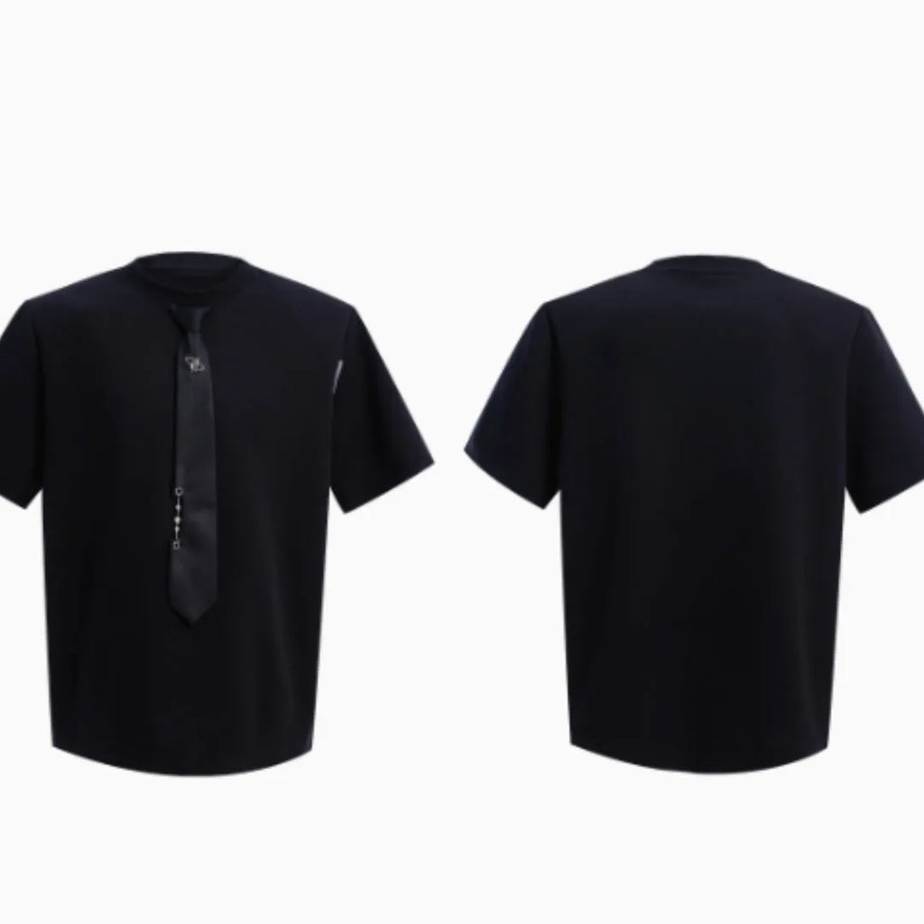 Niche tie stitching short sleeve solid colour top in black with metal decorations, loose fit summer style