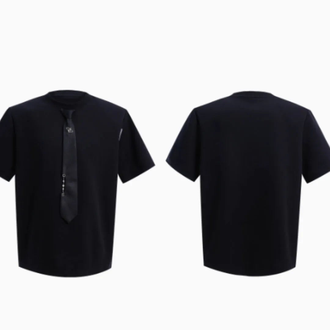 Niche tie stitching short sleeve solid colour top in black with metal decorations, loose fit summer style