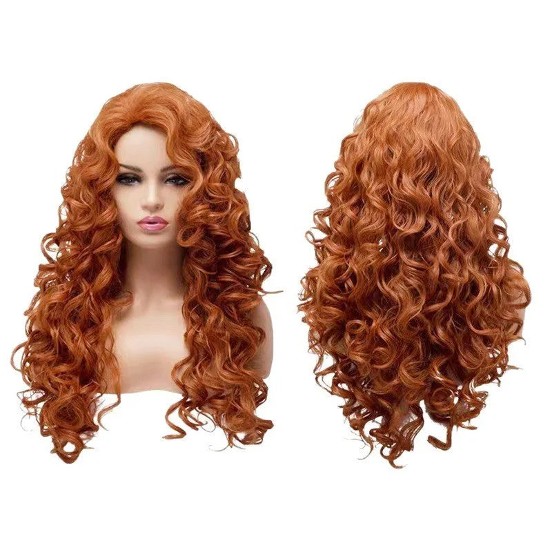 Brown long curly wig with instant noodles texture for Halloween cosplay on wig head