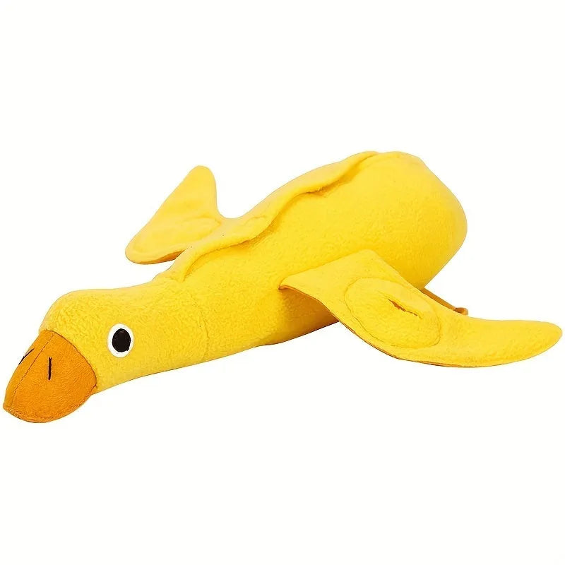 Yellow teddy-shaped rubber dog toy with squeaker duck sound and food leak holes