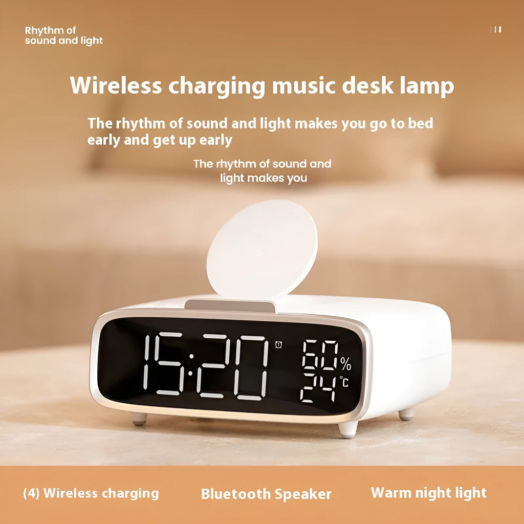 White ABS acrylic Bluetooth speaker with wireless charging pad and integrated night lamp
