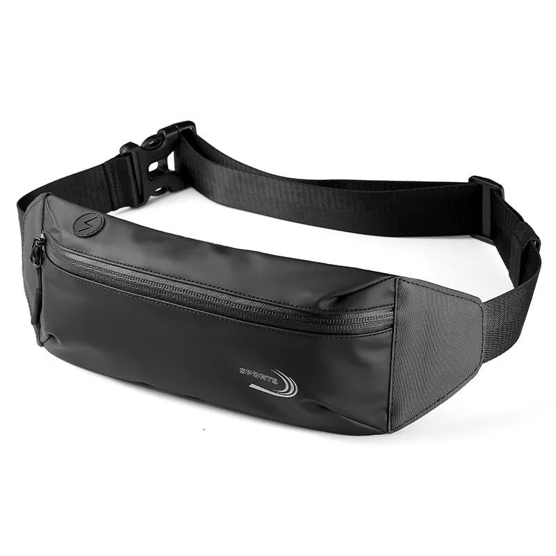 Men's black waterproof sports waist bag with waist strap showing compact design