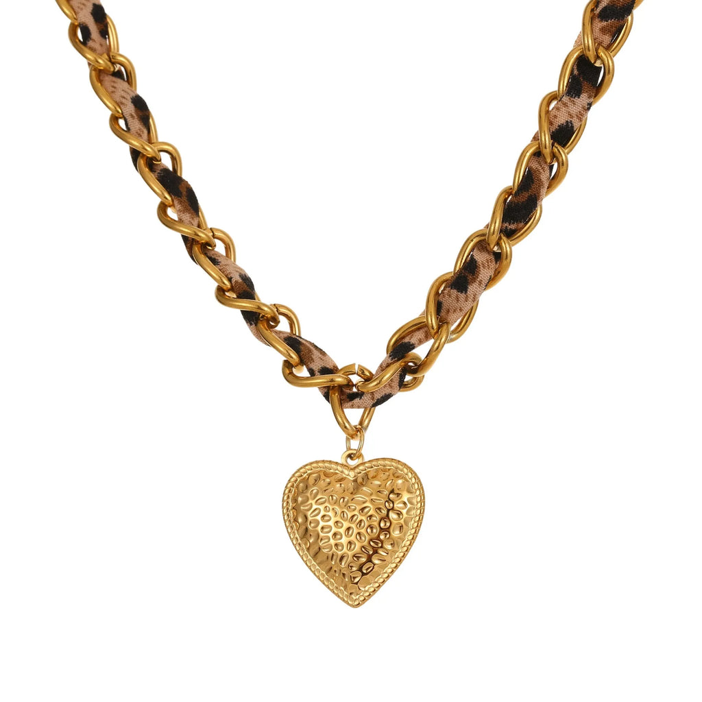 Geometric leopard love pendant necklace on stainless steel chain with 18K electroplated finish
