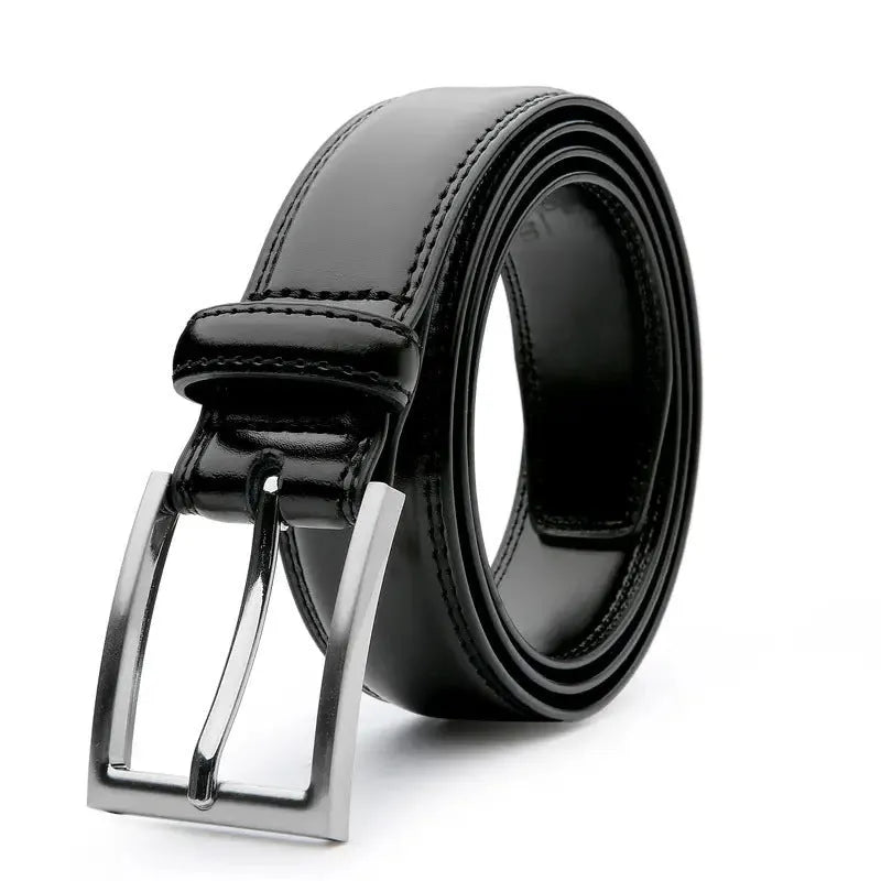 Men's genuine leather belt with alloy buckle in 95 grain pattern showing brown, black, and yellow brown colour options