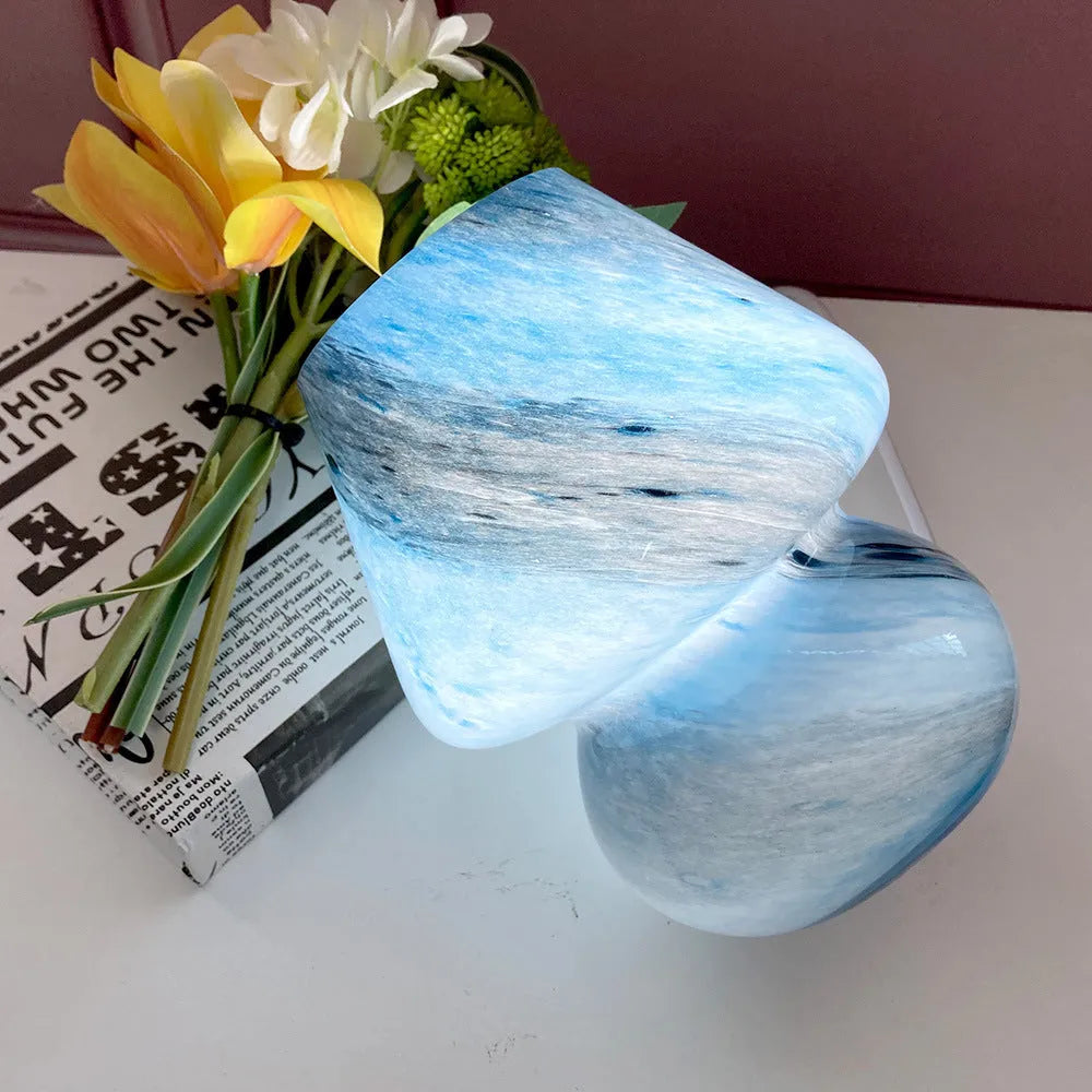 Handmade glass mushroom table lamp in Earth colour with E27 base on bedside table