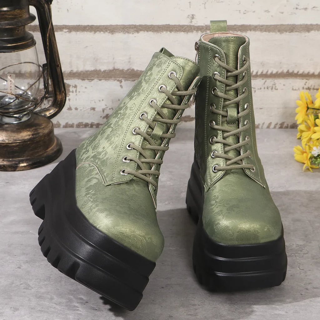 Women's white retro platform martin boots with patchwork detail and a side zip.