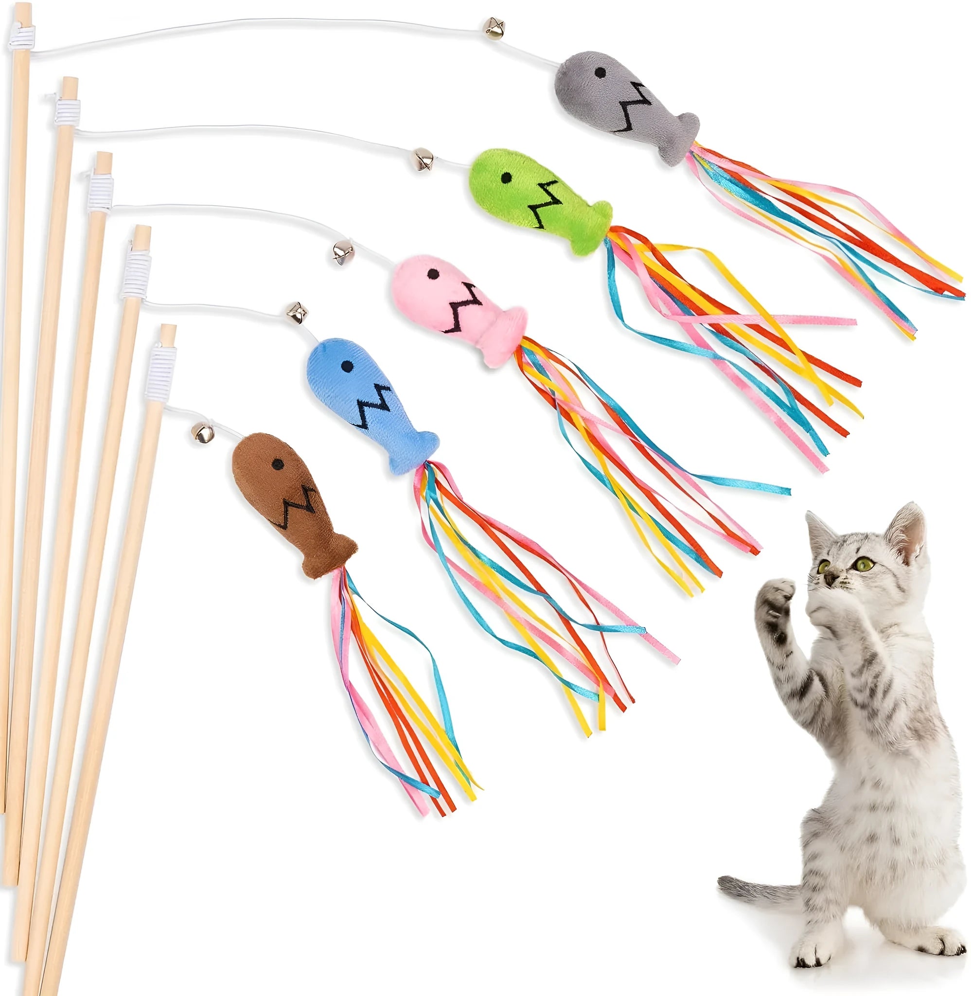 Cat wand toy with wooden handle and colourful ribbon, catnip fish, and bell attachments