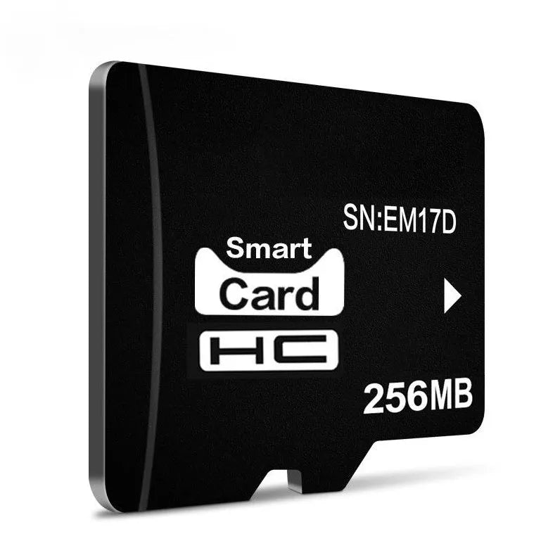 256MB TF memory card with packaging, shown next to compatible devices like an MP3 player and camera.