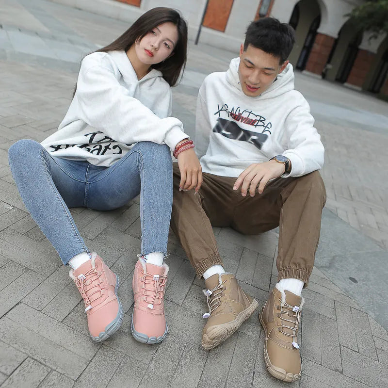 Waterproof outdoor snow boots with fleece lining, rubber soles, and lace-up front in black, khaki, or pink colours