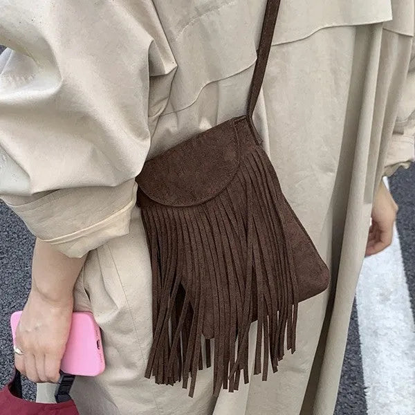 Retro frosted suede mobile phone messenger bag with tassel, available in multiple colours, 13cm length