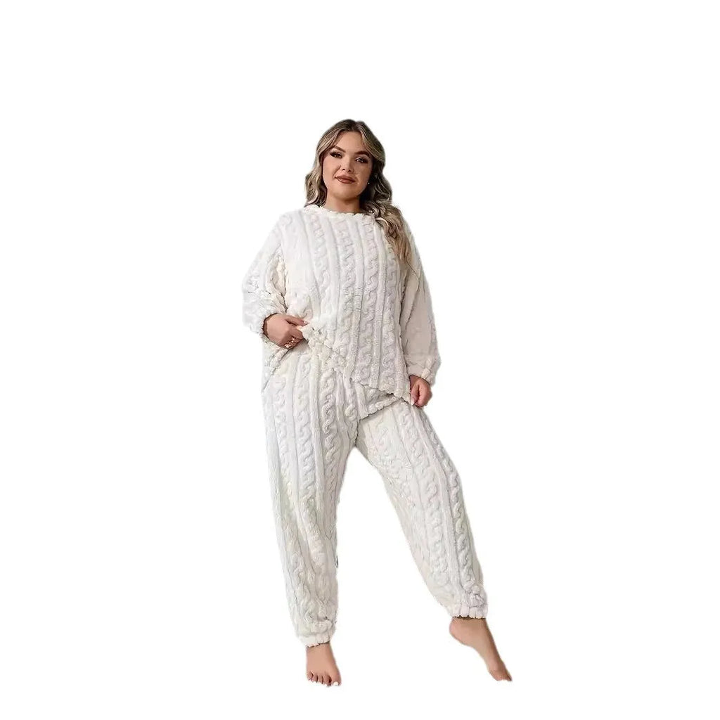 Women's milky white polyester trousersuit with crew neck top and matching trousers